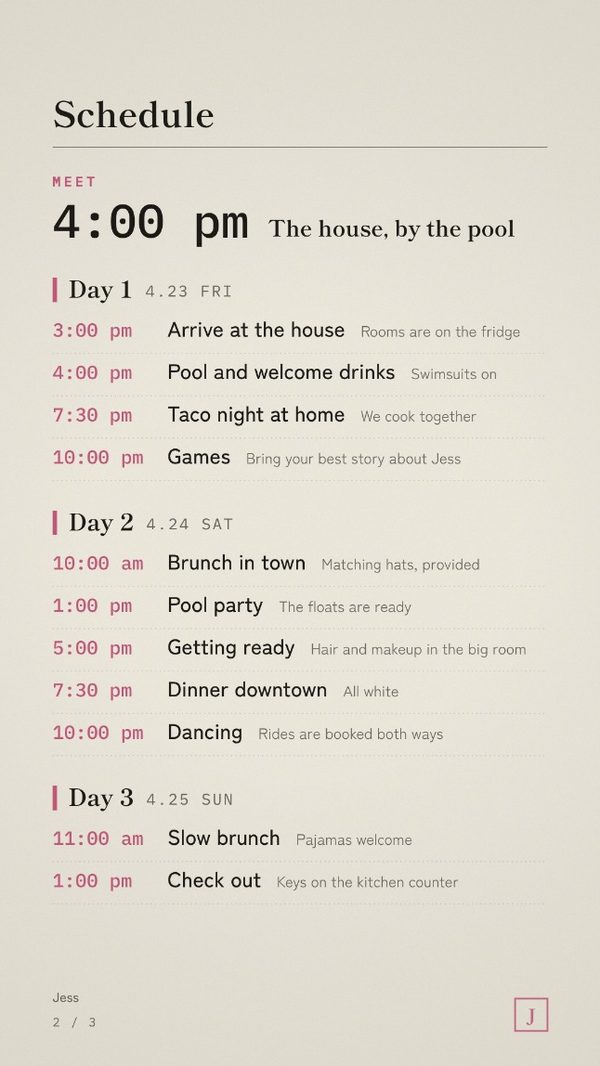 The schedule page, laid out day by day