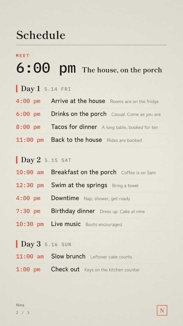The schedule page, laid out day by day