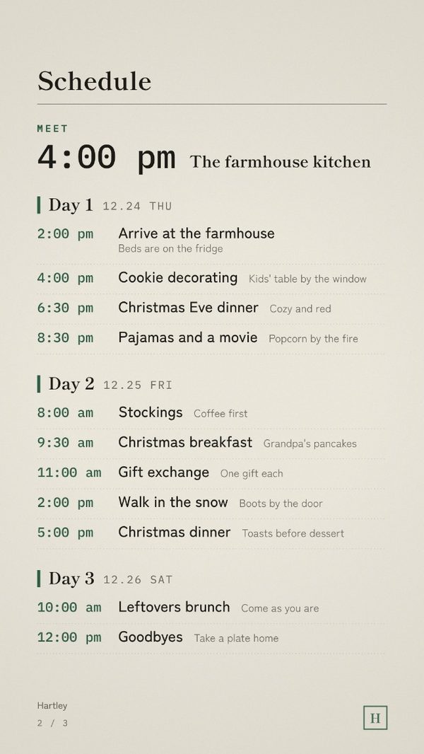 The schedule page, laid out day by day