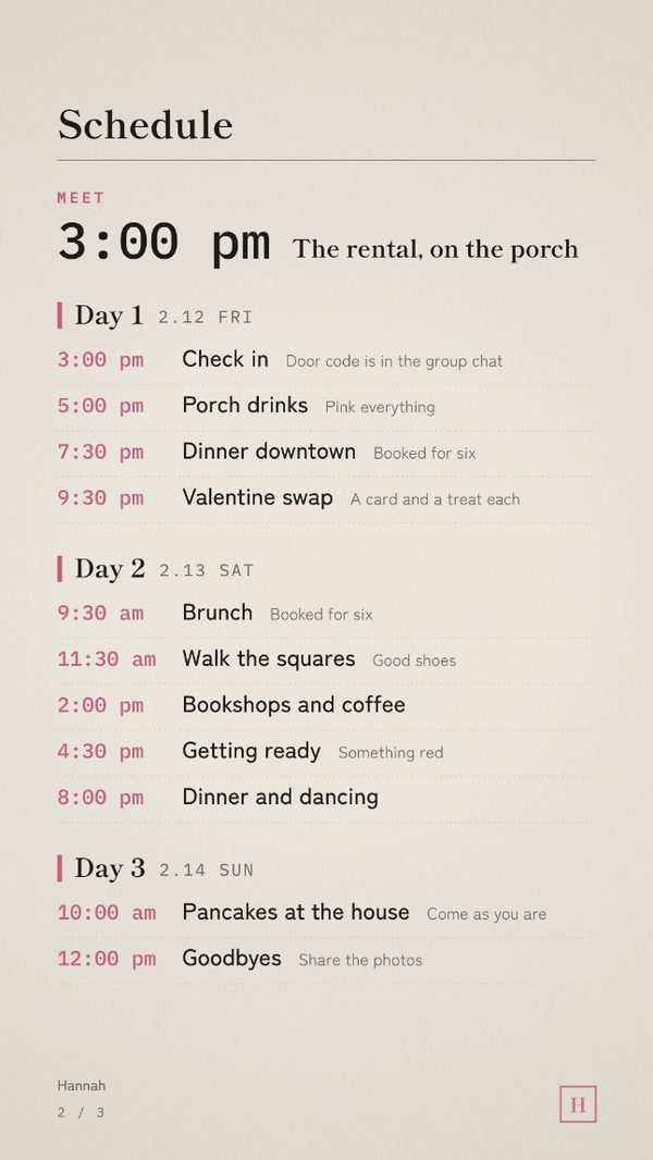 The schedule page, laid out day by day