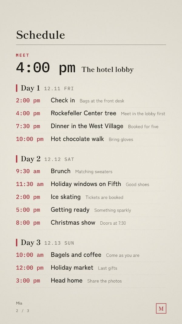 The schedule page, laid out day by day