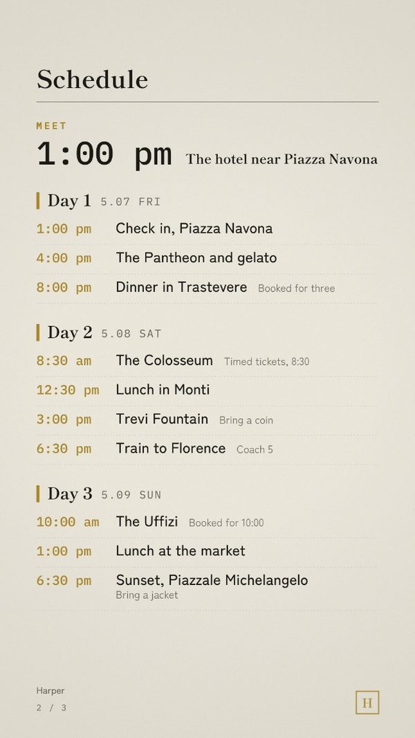 The schedule page, laid out day by day