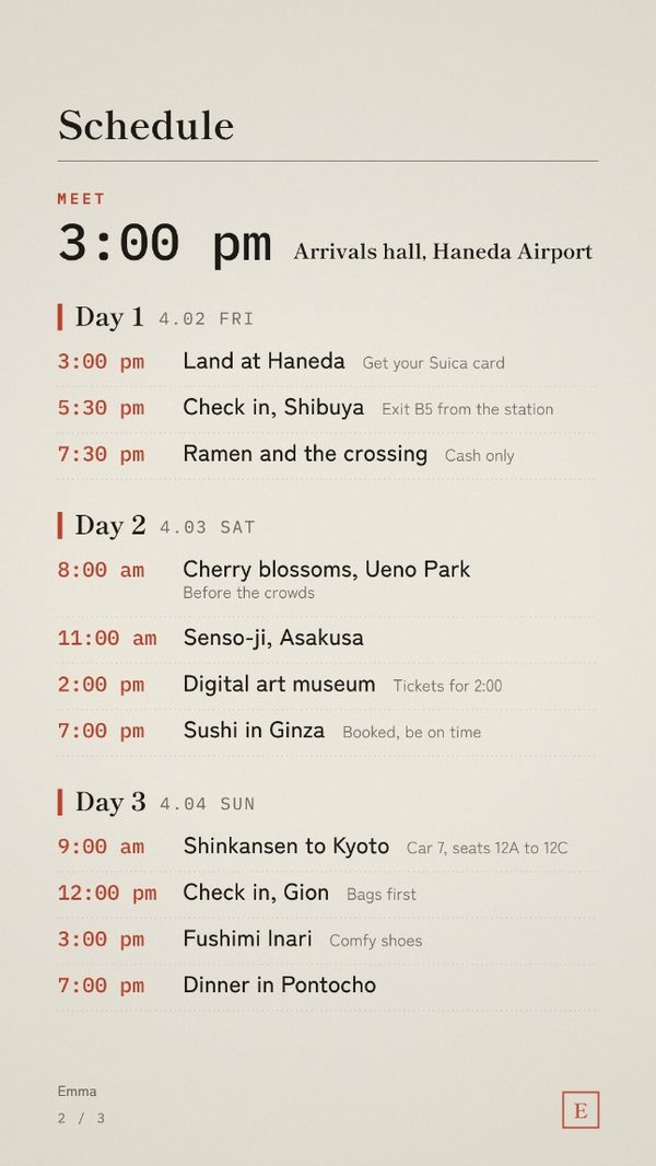 The schedule page, laid out day by day