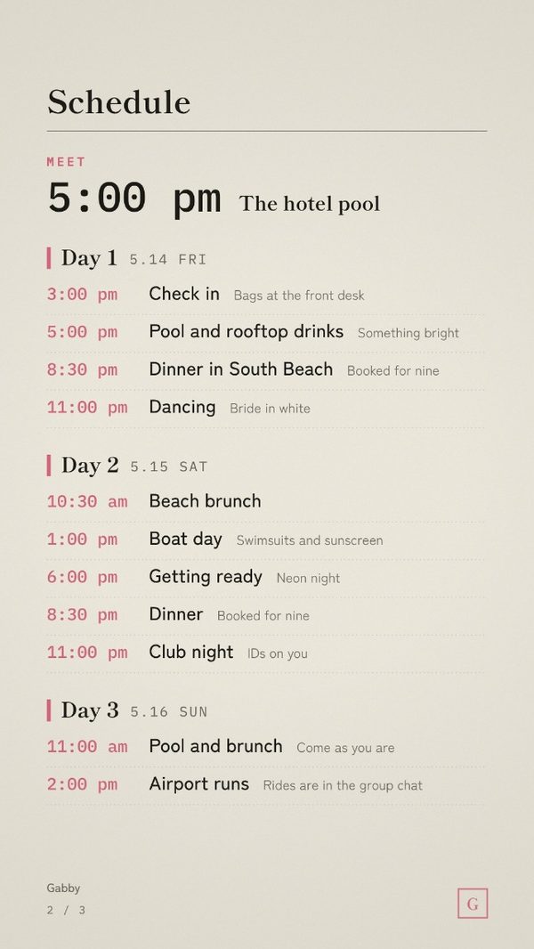 The schedule page, laid out day by day