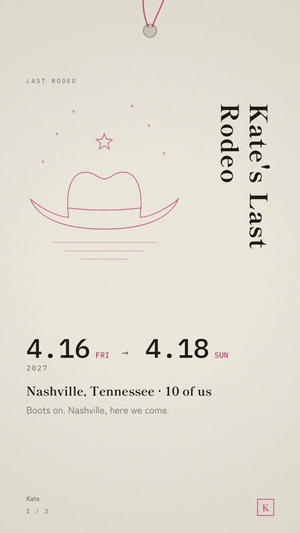 The cover of the Nashville Bachelorette Itinerary: Kate's Last Rodeo, Nashville, Tennessee