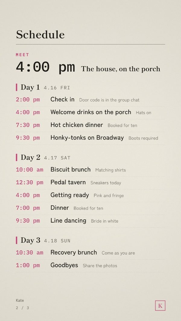 The schedule page, laid out day by day