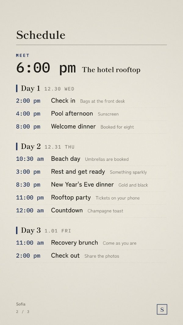 The schedule page, laid out day by day