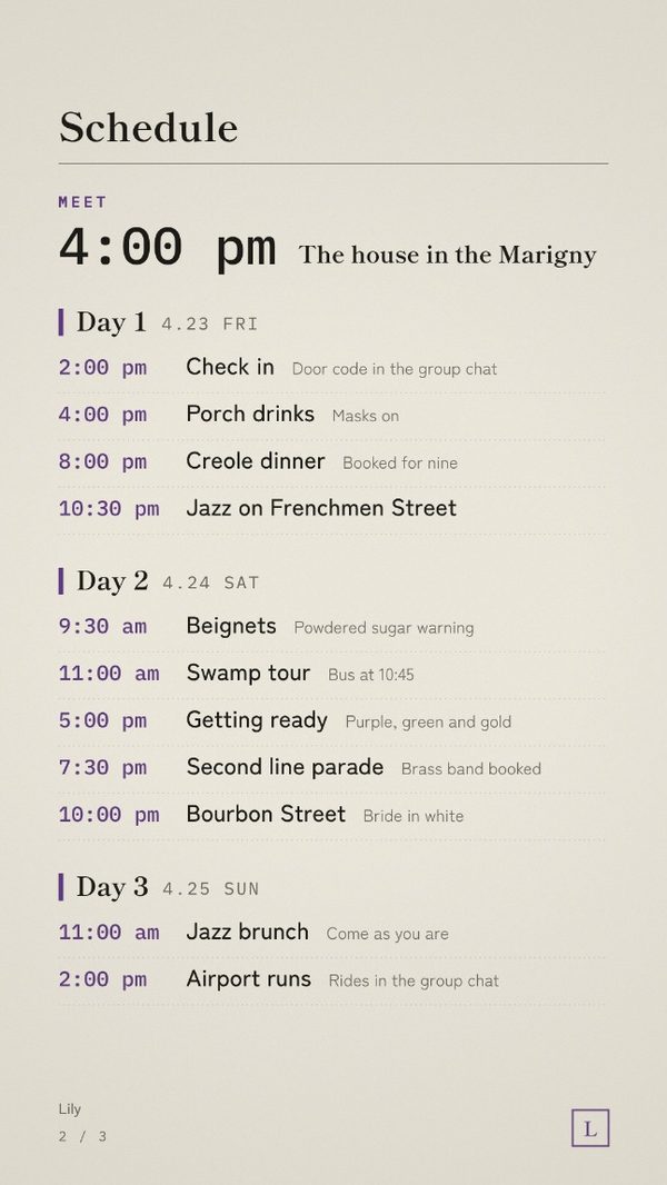 The schedule page, laid out day by day
