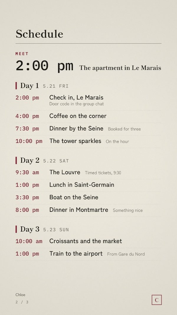 The schedule page, laid out day by day