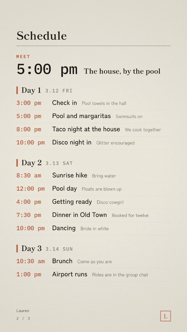 The schedule page, laid out day by day