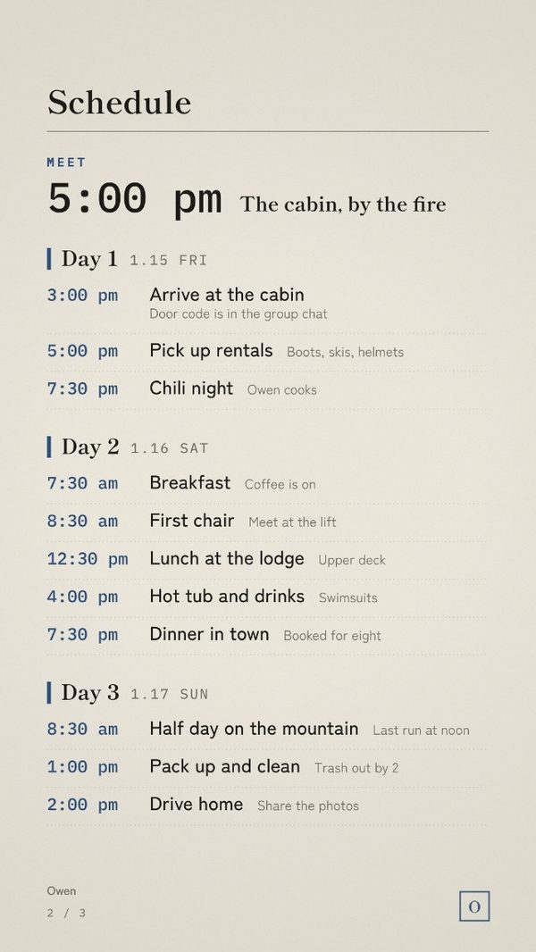 The schedule page, laid out day by day