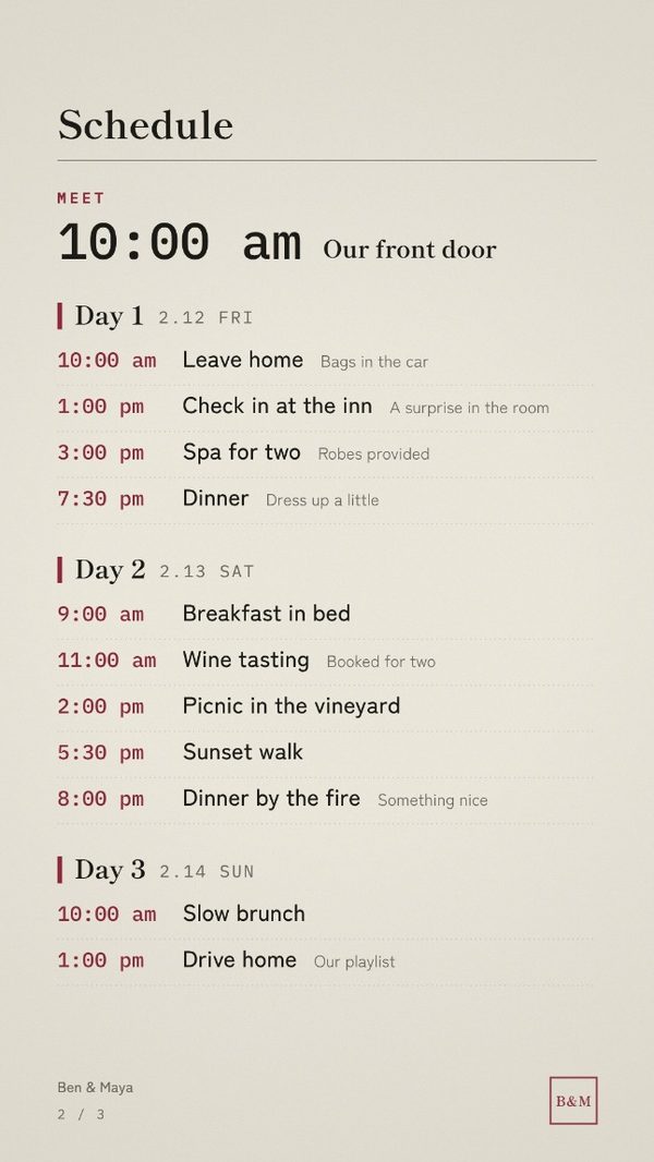 The schedule page, laid out day by day