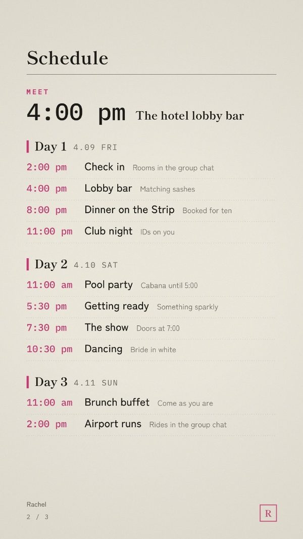 The schedule page, laid out day by day