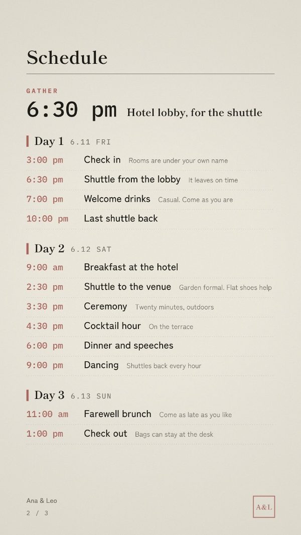 The schedule page, laid out day by day